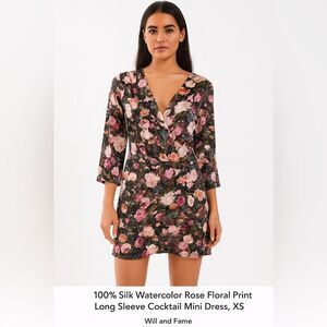 100% Silk Watercolor Rose Floral Print Long Sleeve Cocktail‎ Mini Dress, XS